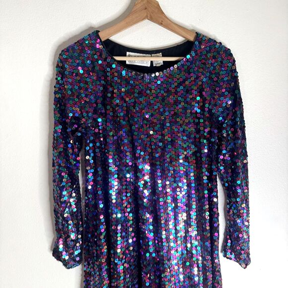 Blacktie Oleg Cassini Dress Womens 14 Sequin Long Sleeve Cocktail Multicolor 90s - Picture 2 of 15